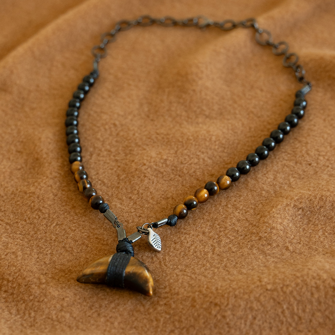 Tigers Eye Half Moon Choker Bead Necklace Black Clink Jewellery